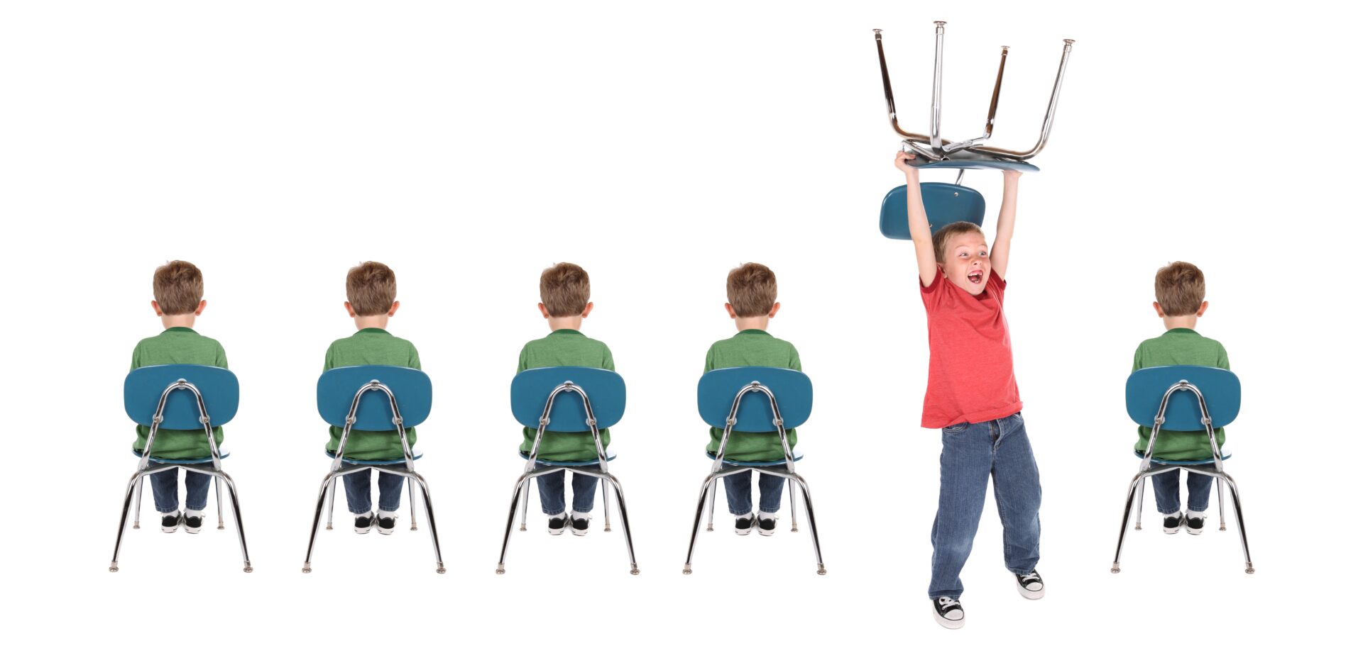 Five students sitting in chairs calmly and one student misbehaving